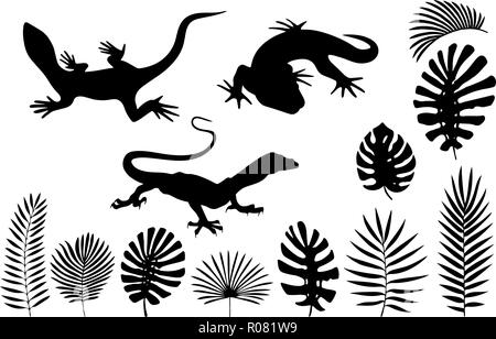 Silhouettes of lizards, gecko and tropical leaves Stock Vector