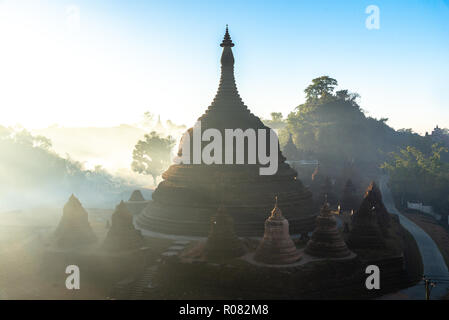 Ratanabon temple of the ancient Mrauk U kingdom in the morning fog, Myanmar Stock Photo