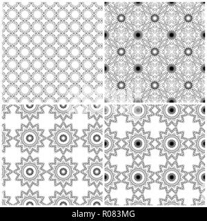 Set of four abstract seamless mesh patterns with flower shapes on the white background, black vector hand drawing Stock Vector