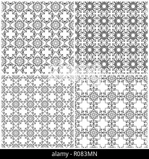 Four vector abstract seamless floral mesh patterns with interlacing black lines on the white background, hand drawing Stock Vector