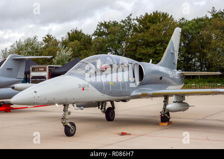 LEEUWARDEN, THE NETHERLANDS - SEP 17, 2011: Aero L-39 Albatros jet trainer plane from Skyline Aviation on the tarmac of Leeuwarden airbase. Stock Photo