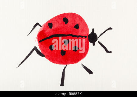 hand painting in sumi-e style on cream paper - one ladybug drawn by watercolors Stock Photo