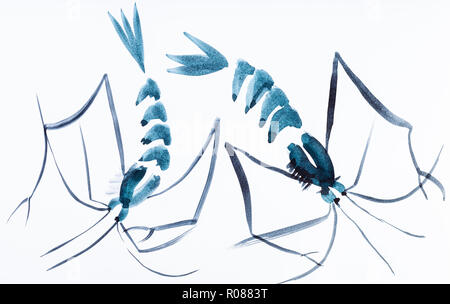 hand painting in sumi-e style on cream paper - two shrimps drawn by blue watercolors Stock Photo
