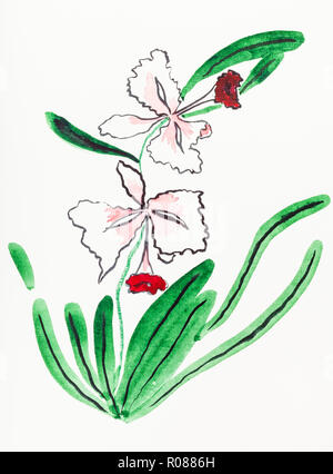hand painting in sumi-e style on cream paper - color orchid flower drawn by watercolors Stock Photo