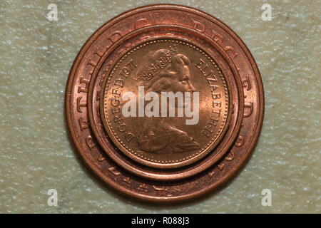 Size comparison of the 1/2 pence, 1 pence & 2 pence coins. Stock Photo