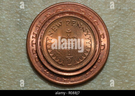 Size comparison of the 1/2 pence, 1 pence & 2 pence coins. Stock Photo