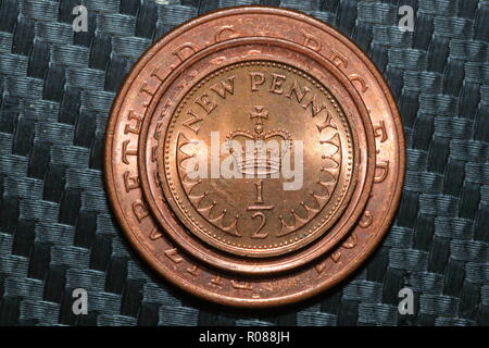 Size comparison of the 1/2 pence, 1 pence & 2 pence coins. Stock Photo