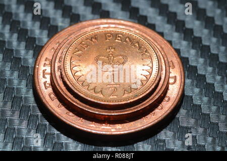 Size comparison of the 1/2 pence, 1 pence & 2 pence coins. Stock Photo