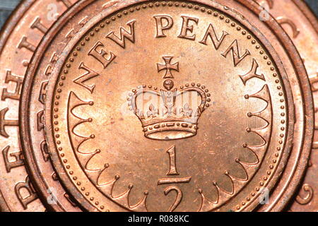 Size comparison of the 1/2 pence, 1 pence & 2 pence coins. Stock Photo