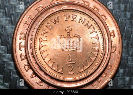 Size comparison of the 1/2 pence, 1 pence & 2 pence coins. Stock Photo