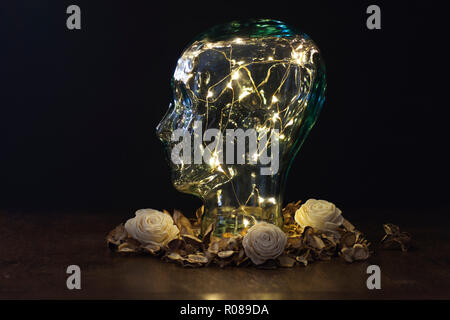 Glass head with lights inside surrounded by flowers on dark background Stock Photo