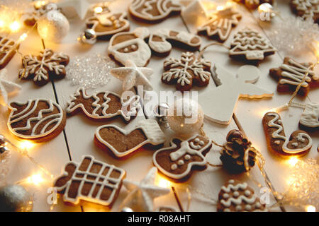 Christmas sweets composition. Gingerbread cookies with xmas decorations Stock Photo