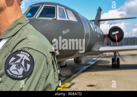 Royal Norwegian Air Force 717 Squadron crew member with Dassault Falcon 20 Raven used for electronic warfare. Plane, airplane, converted bizjet Stock Photo
