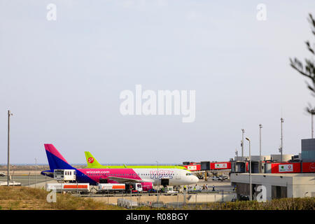 Wizzair airliner on the apron at Glafcos Clerides international airport, Larnaca,Cyprus October 2018 Stock Photo