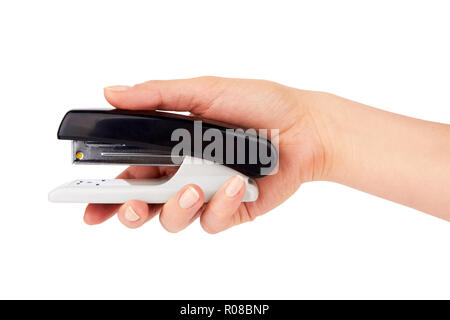 Black professional stapler in hand isolated on white background Stock Photo