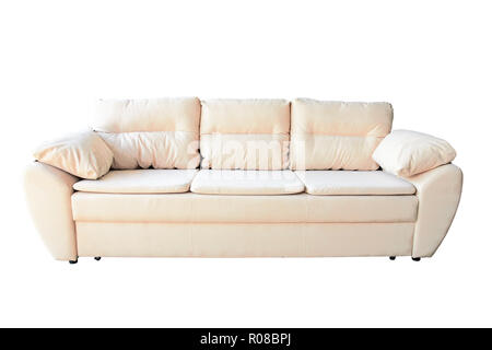 simply modern beige couch with pillows isolated white Stock Photo