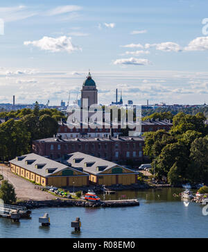 Suomenlinna is the fortress outside Helsinki, here on a summer day with the city seen in the background, Finland Stock Photo
