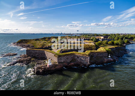 Suomenlinna is the fortress outside Helsinki, here on a summer day with the city seen in the background, Finland Stock Photo