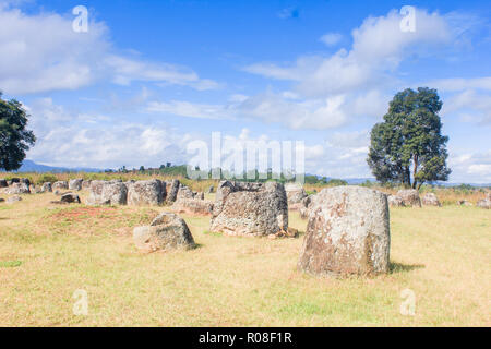 Big plain of jars made by stone in Xiengkhouang, Laos Stock Photo
