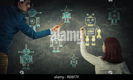People sharing thoughts together draw different robots on blackboard. Employee choosing, artificial intellect replace human, leadership concept. Moder Stock Photo