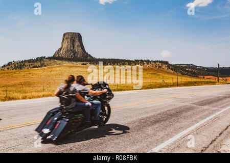 Motorcycle, Devil's Tower, Wyoming Stock Photo