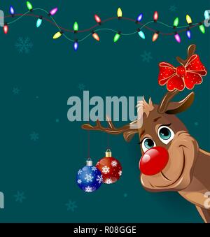 Cartoon deer decorated with Christmas fir-decorations and a bow-knot. Christmas greeting card. Stock Vector