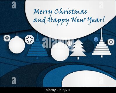 Vector illustration in paper cut style. Greeting card with text Merry Christmas and Happy New Year or you can change to another text. Stock Vector