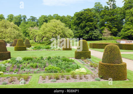Summer garden with herb, flower patched, fruit trees, ornamental topiary shaped shrubs, in an English countryside . Stock Photo