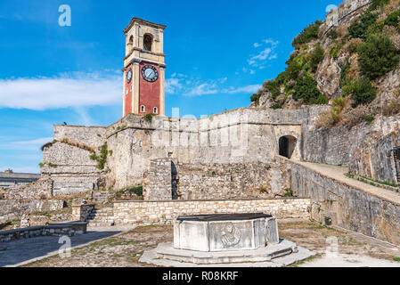 Fountain, bell tower, old fortress, Kerkyra, island Corfu, Ionian Islands, Greece Stock Photo