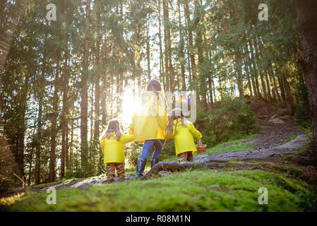 Mom and children went out into the woods for mushrooms. All in yellow jackets. Ukraine, the Carpathians. September 25, 2018. Stock Photo