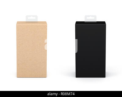 Kraft and black paper Box packaging Mockup with plastic Hang Tab, 3d rendering Stock Photo