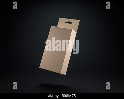 Kraft Cardboard Box with Hang Tab Mockup for design or branding in black background studio, 3d rendering Stock Photo