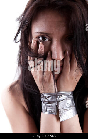 kidnapped young woman, hostage closeup Stock Photo