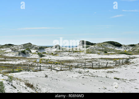 Florida coastal white sand dunes and a split rail fence near the Gulf coast beach at Watersound Florida, USA. Stock Photo