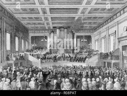 Exeter Hall, the great anti-slavery meeting, 1841 - interior of Exeter Hall filled with a large crowd for the Anti-slavery Society meeting, London, England. Stock Photo