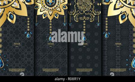 Islamic pattern element concept template with emerald vintage dark background and logo vector design, inclusive of pattern swatch Stock Vector