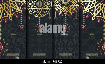 Islamic pattern element concept template with ruby vintage dark background and logo vector design, inclusive of pattern swatch Stock Vector