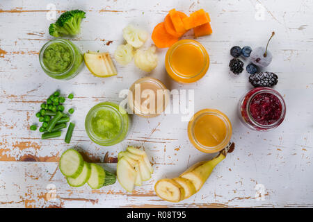 Colorful baby food purees in glass jars with ingredients. Healthy organic baby food concept. Starting solid food, delivery, top view, above, overhead,
