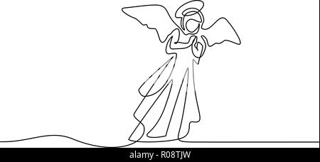 Continuous one line drawing. Bible Merry christmas angel woman. Vector illustration Stock Vector