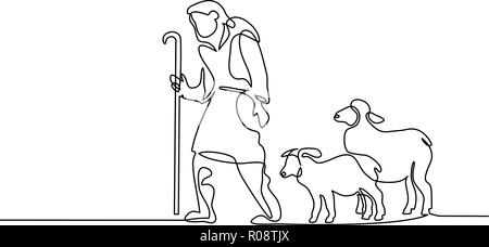 Merry Christmas shepherd and sheeps. Continuous one line drawing. Vector illustration Stock Vector