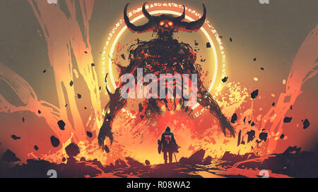 knight with a sword facing the lava demon in hell, digital art style, illustration painting Stock Photo