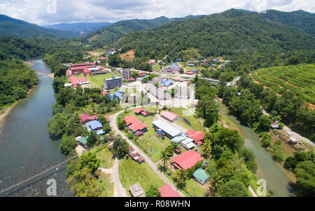 Ariel top angle view of rural town in Kiulu Sabah Malaysia Borneo. Stock Photo
