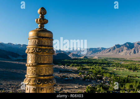 Aerial view from Thiksey Gompa, one of the most important monasteries in Ladakh, down to the green Indus valley Stock Photo