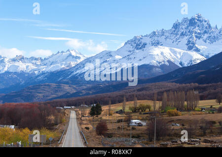 the route 7, known as the Austral Route or Carretera Austral, here with the andes moutains at the back near the city of Villa Cerro Castillo Stock Photo