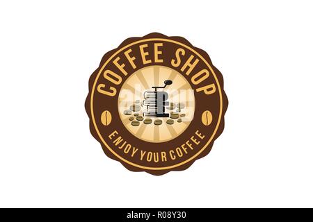 coffee grinder, a stack of vintage coffee beans logo design inspiration Stock Vector