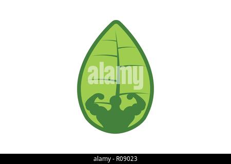 muscle, green leaf, healthy food athlete logo Designs Inspiration Isolated on White Background Stock Vector