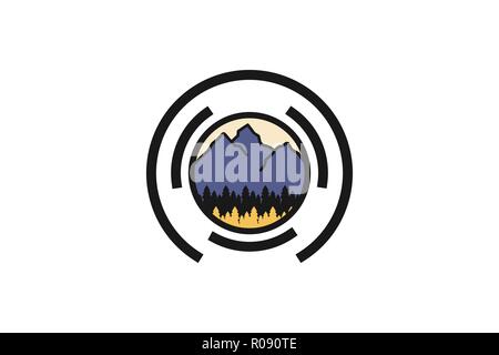 Mountain, fir, lens camera, Outdoor photography logo Designs Inspiration Isolated on White Background Stock Vector