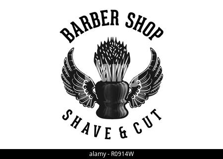 shaving brush, and wings hand drawn barber shop logo Designs Inspiration Isolated on White Background Stock Vector