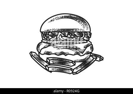 hand drawn burger and french fries, fast food logo Designs Inspiration Isolated on White Background Stock Vector