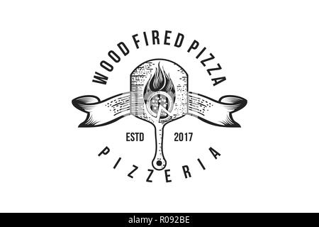 Hand drawn pizza wood plate, vintage pizza shop Logo Designs Inspiration Isolated on White Background Stock Vector